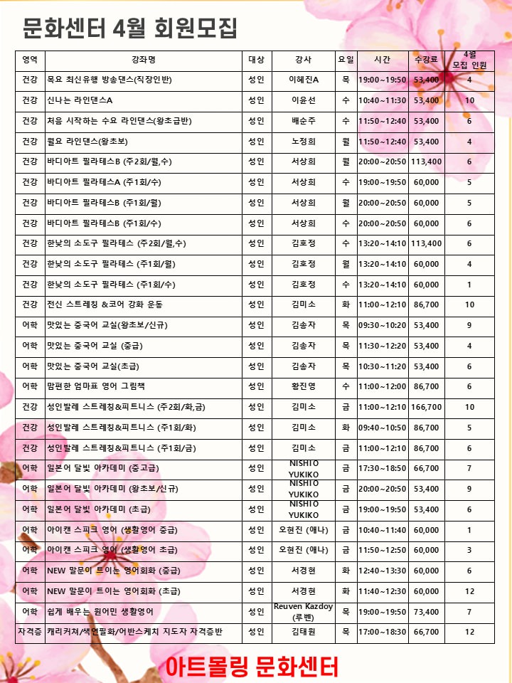 [아트몰링 문화센터] ♡4월 회원모집♡