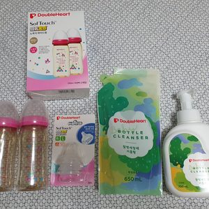 미개봉 새상품> 더블하트 젖병240ml 2개 + 더블하트 젖꼭지 L 2개입 + 더블하트 젖병세정제 + 리필