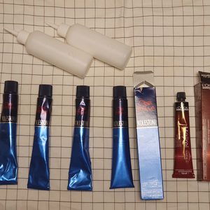웰라 콜레스톤(은발/백금발 탈색모) 염색약 & 로레알 마지렐 염색약(자연갈색) + 보색 샴푸&컨디셔너 + 산화제