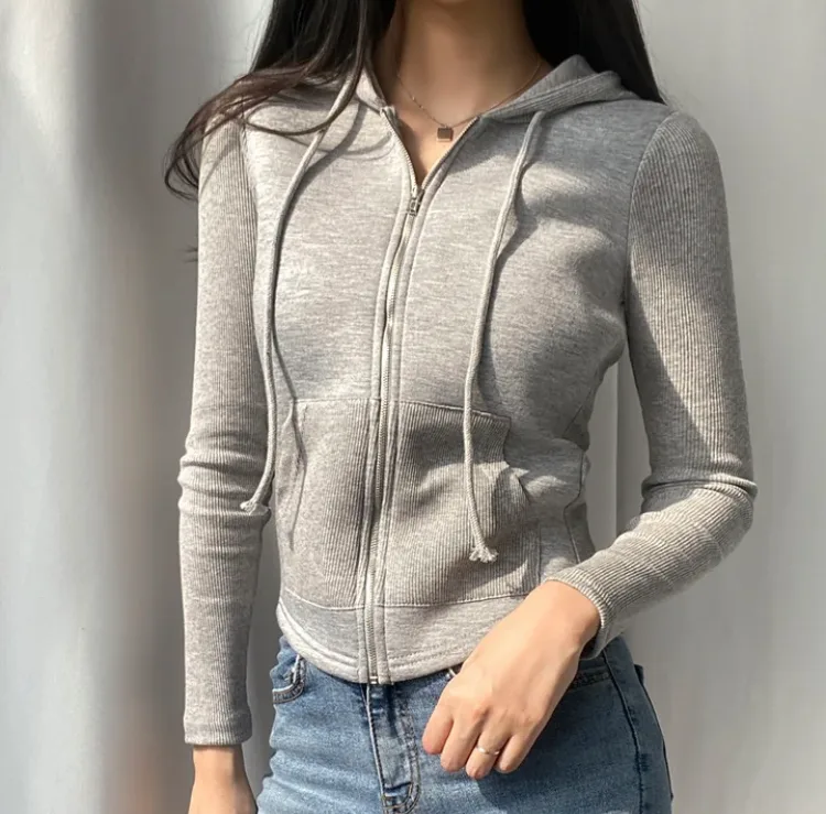 크롭 회색 후드집업