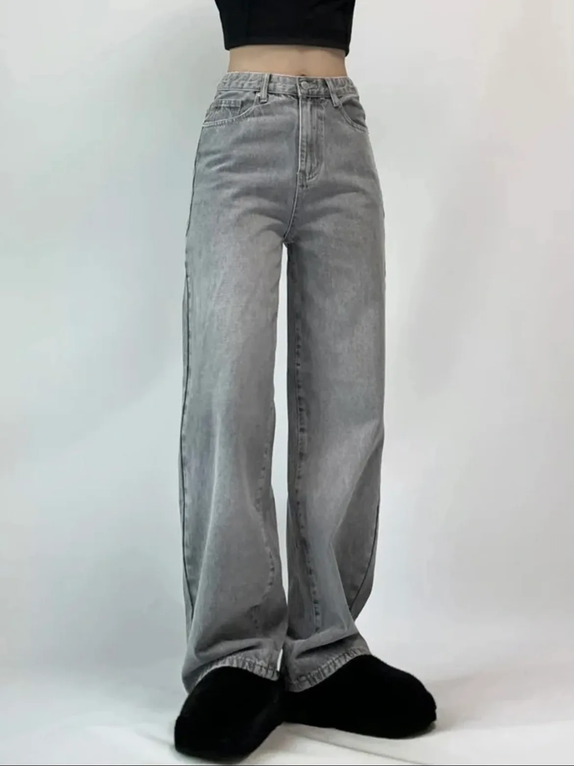 에이블리 하이웨스트 와이드 데님팬츠 그레이