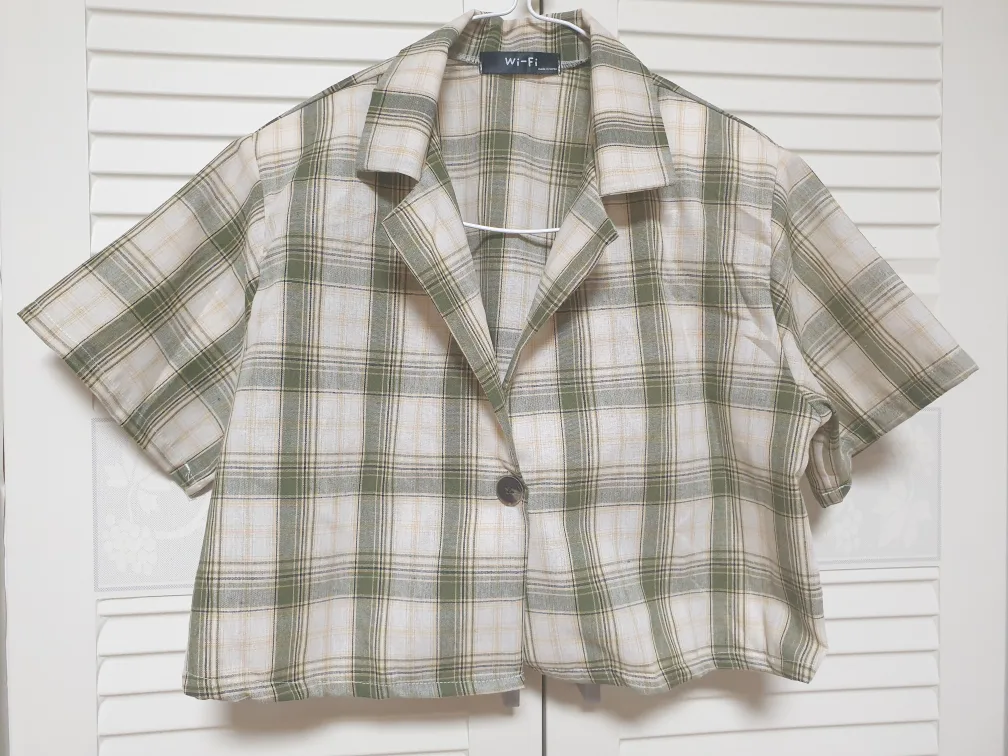 반팔 카라 세미크롭 체크 린넨자켓 (L)